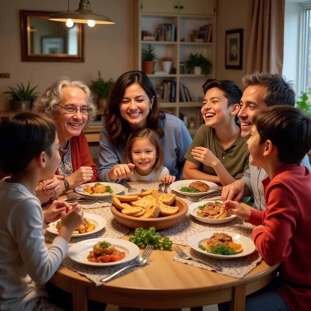 A family gathered around a table, enjoying casa foods together.