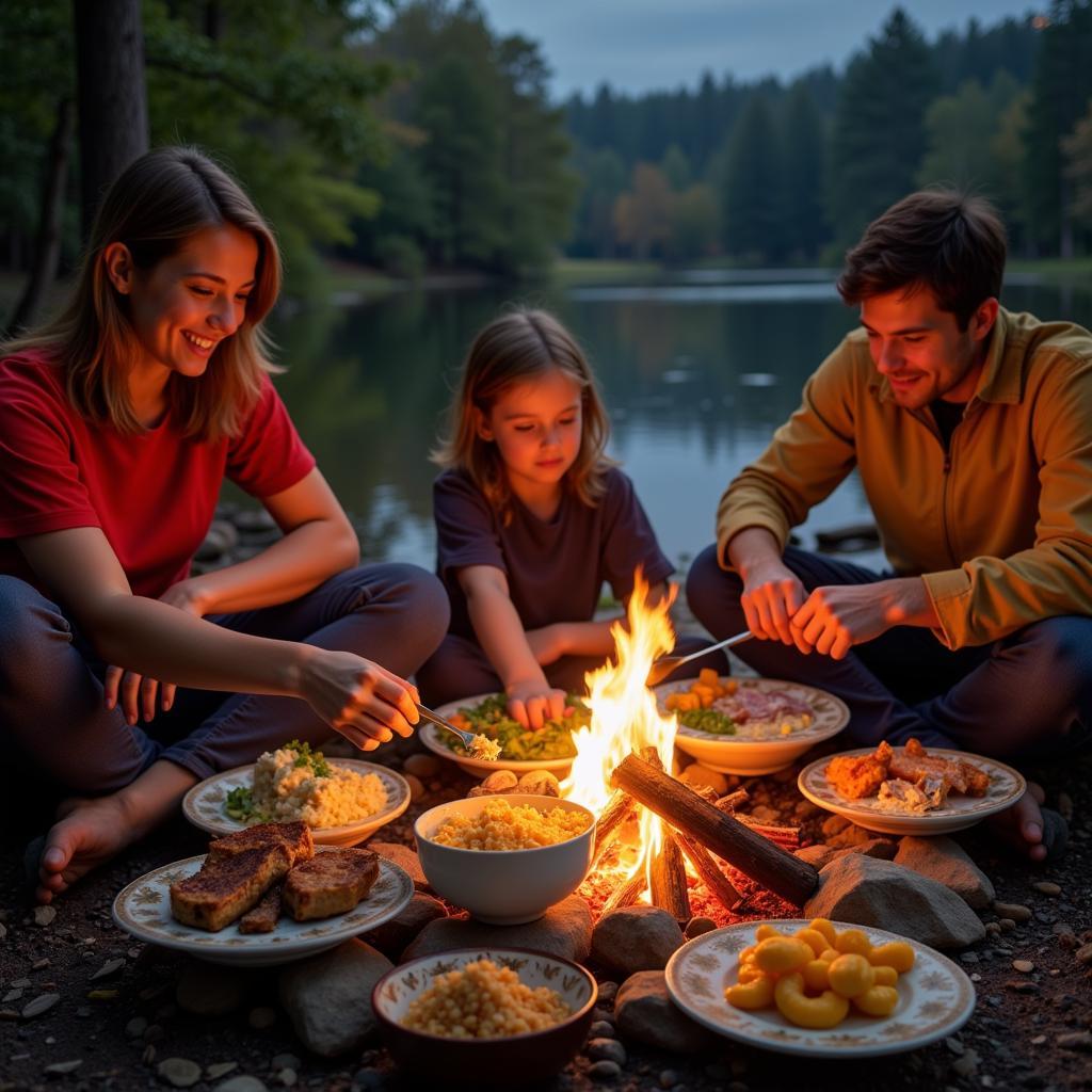 Family Enjoying a Dehydrated Meal During a Camping Trip