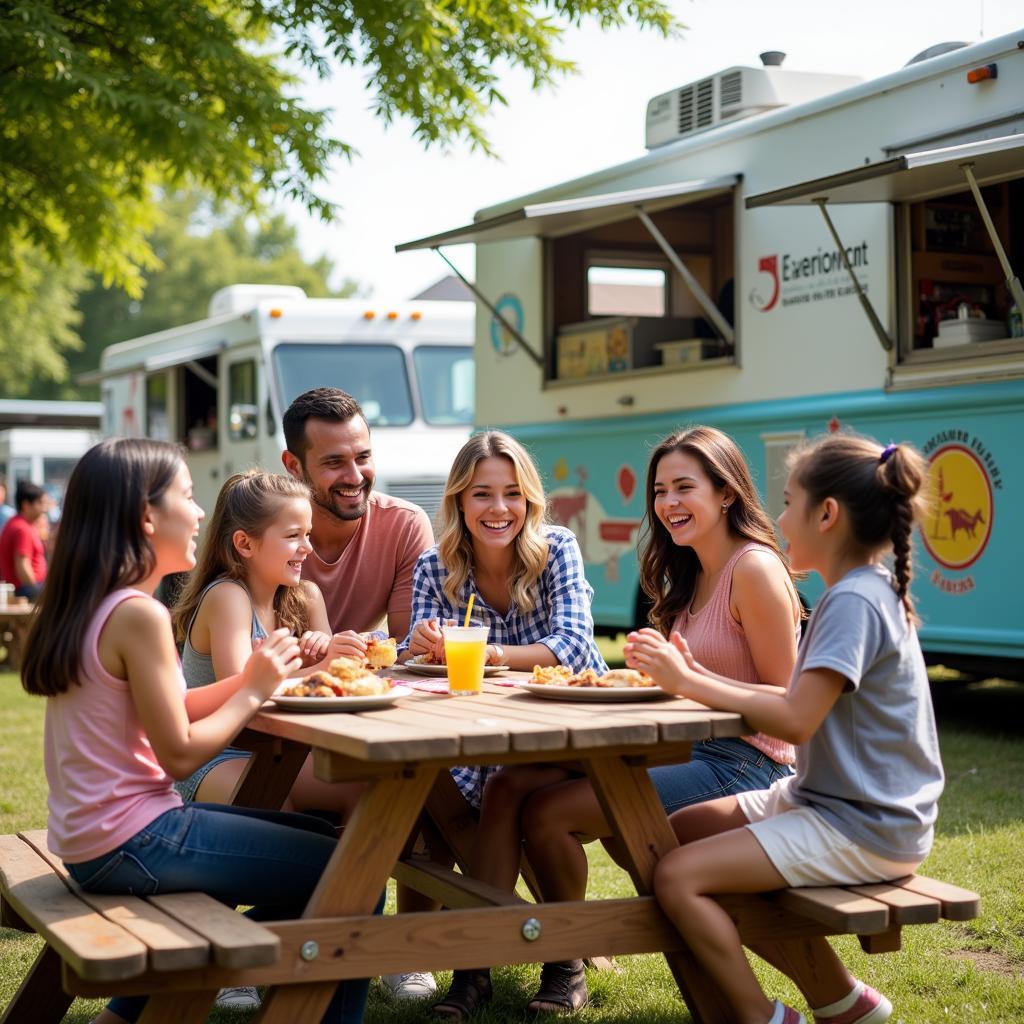 A family enjoying food and drinks at a Colorado Springs food truck fest.