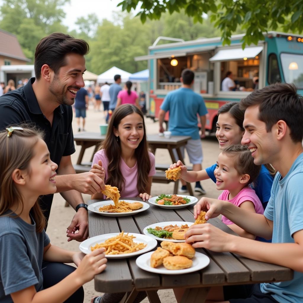 A family enjoying a meal from a food truck in Lodi, CA, surrounded by a lively atmosphere.