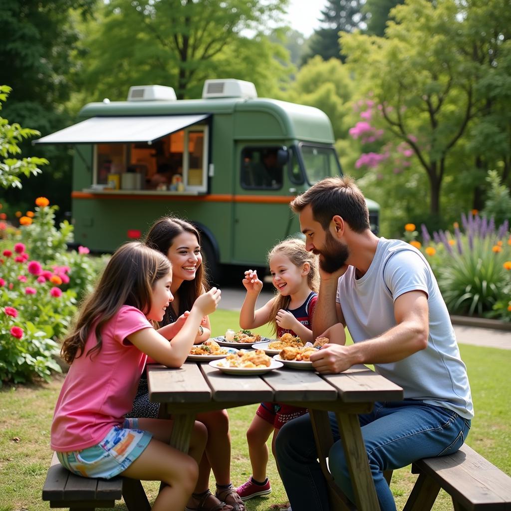 A family enjoying a meal from a food truck at a botanical garden, surrounded by lush greenery.