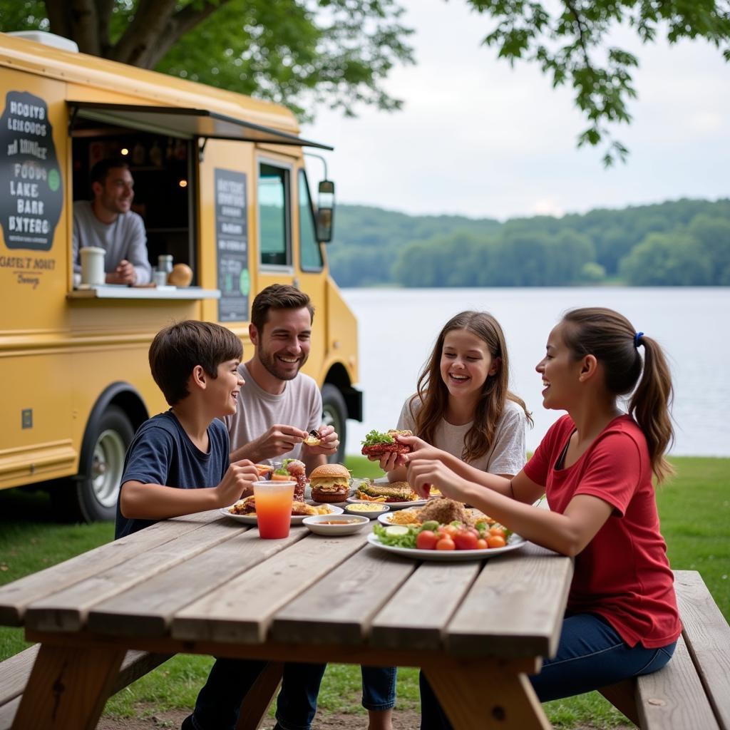 Family Enjoying a Meal from a Food Truck in Lake Luzerne