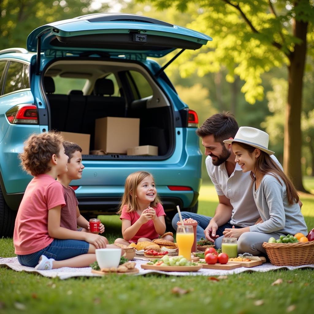 Family enjoying a whole foods picnic near their electric vehicle