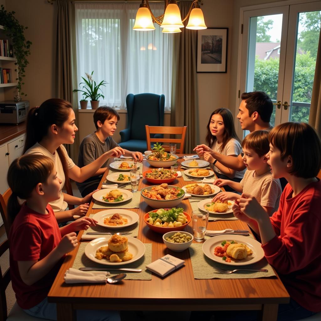 A family gathered around a table, enjoying a meal prepared from a world food subscription box.