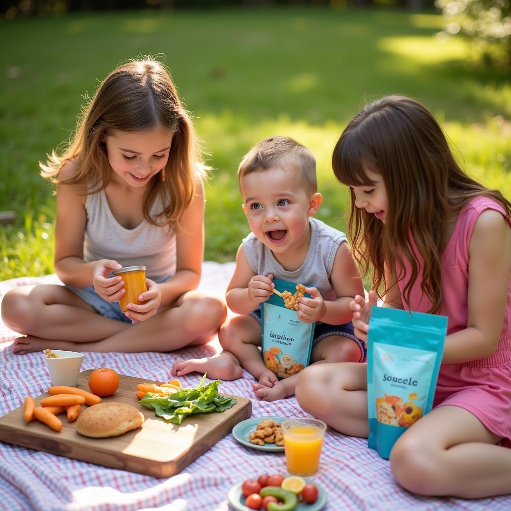 Family Enjoying Snacks from Refillable Pouches