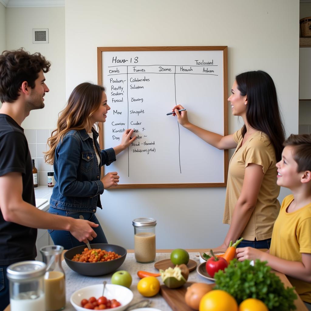 Family gathered in the kitchen discussing meal plans using a weekly food planner whiteboard.