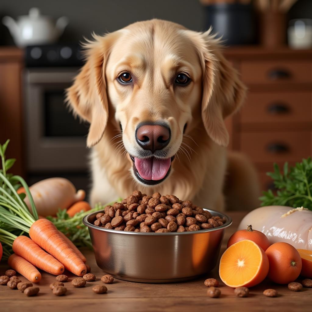 Happy dog enjoying a farmhouse-style meal