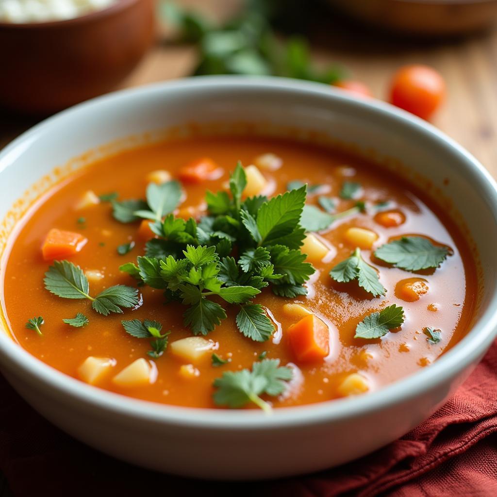 A steaming bowl of faro soup with vegetables