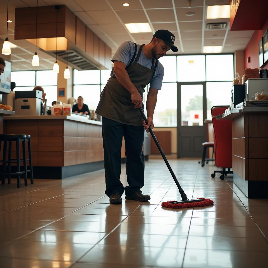 Fast Food Employee Mopping the Floor