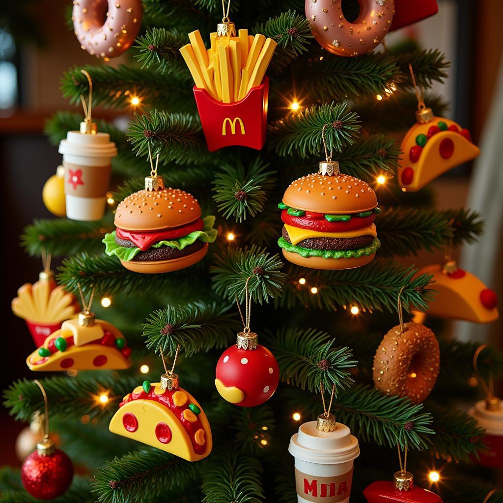 Assortment of fast food ornaments on a Christmas tree