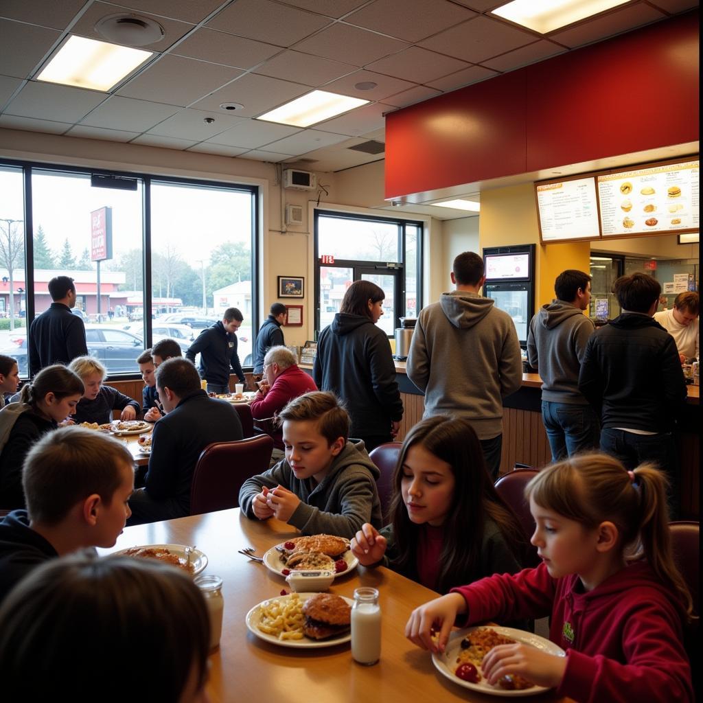 Busy fast food restaurant interior with customers