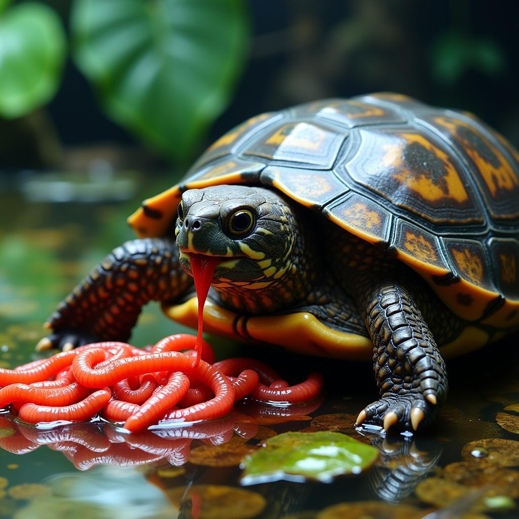 A turtle eagerly eating frozen bloodworms in its aquatic habitat.