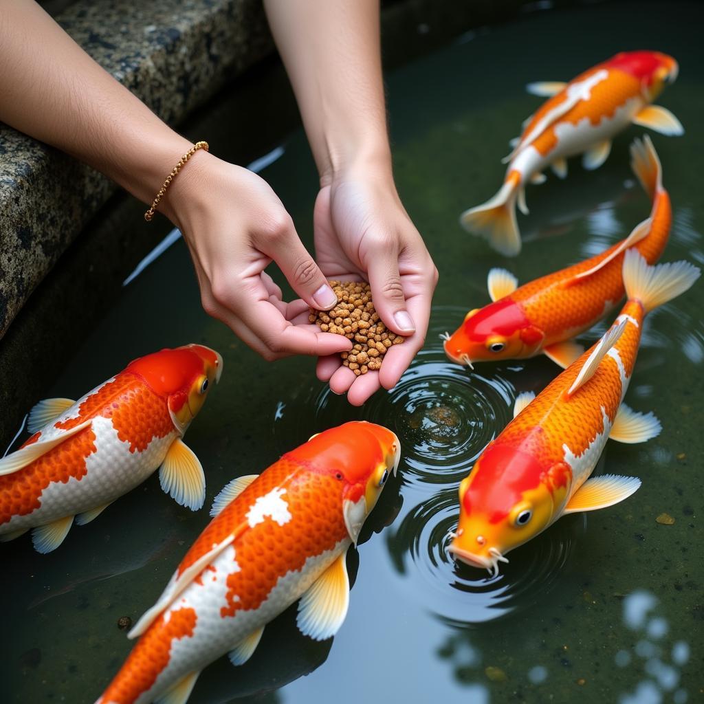 Feeding Koi Fish in a Pond