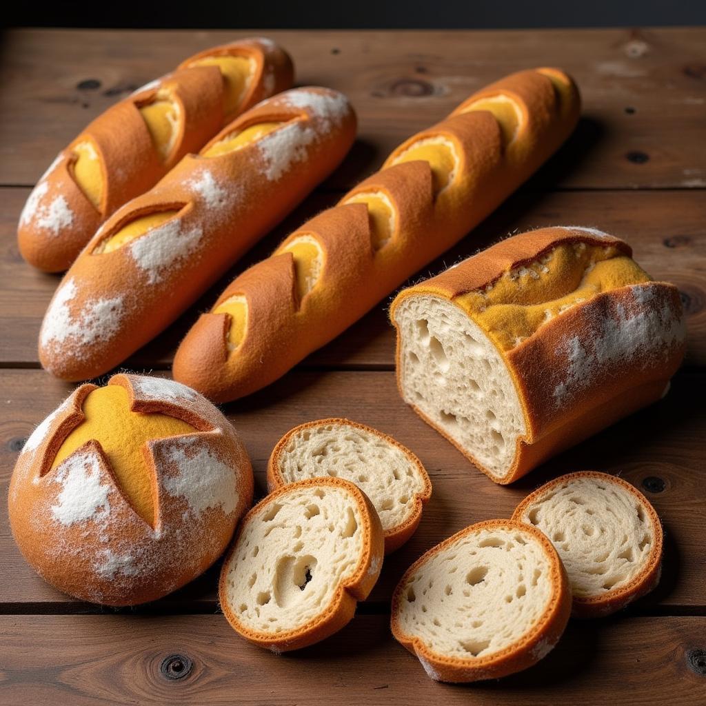 Assortment of felt bread loaves on a wooden table