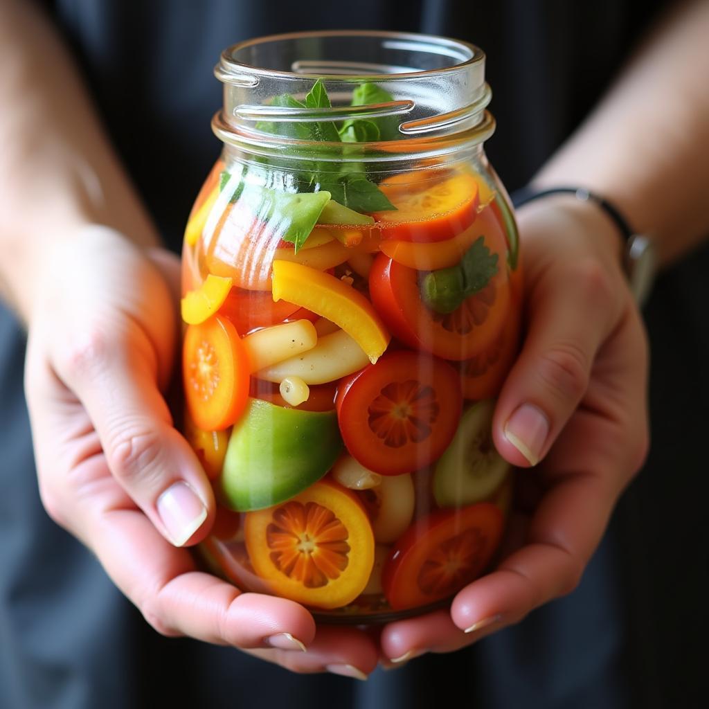 Hands Holding a Jar of Fermented Foods