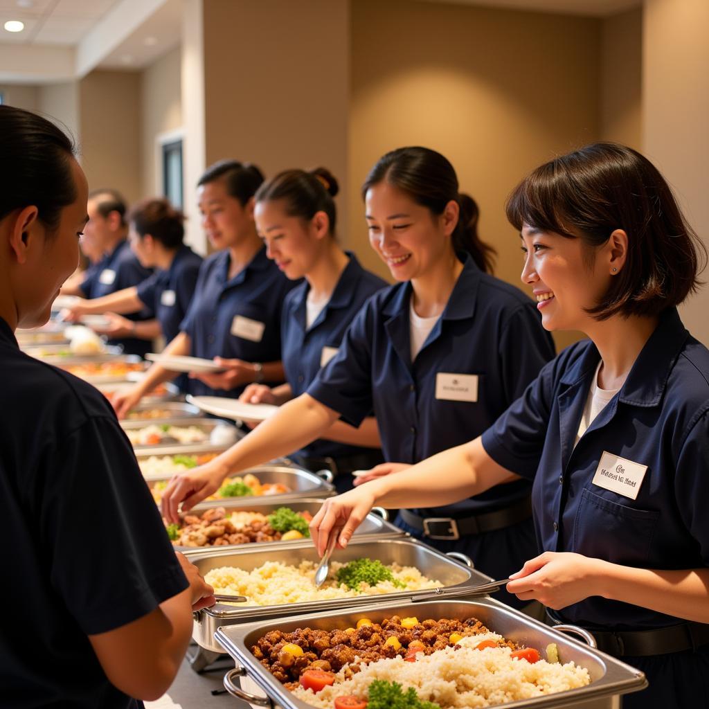 Catering staff serving Filipino food to guests at an event.