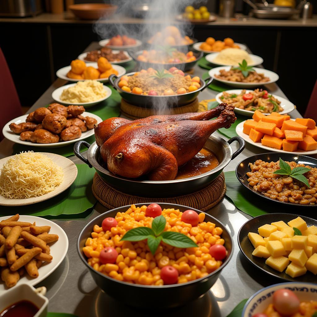 A vibrant buffet spread of Filipino dishes at a catered event.