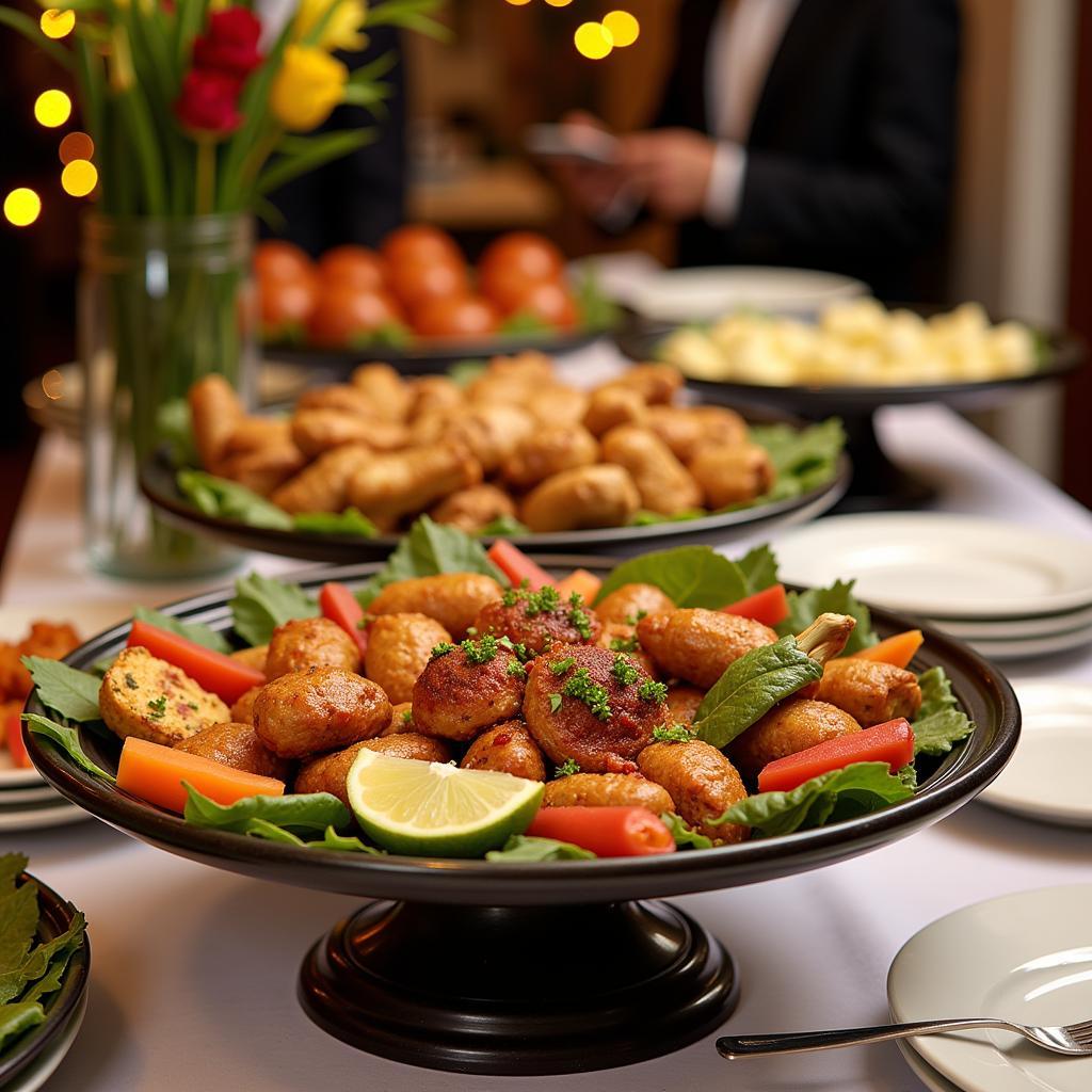 A beautifully arranged Filipino food party tray setup at a catered event, complete with serving utensils and garnishes.