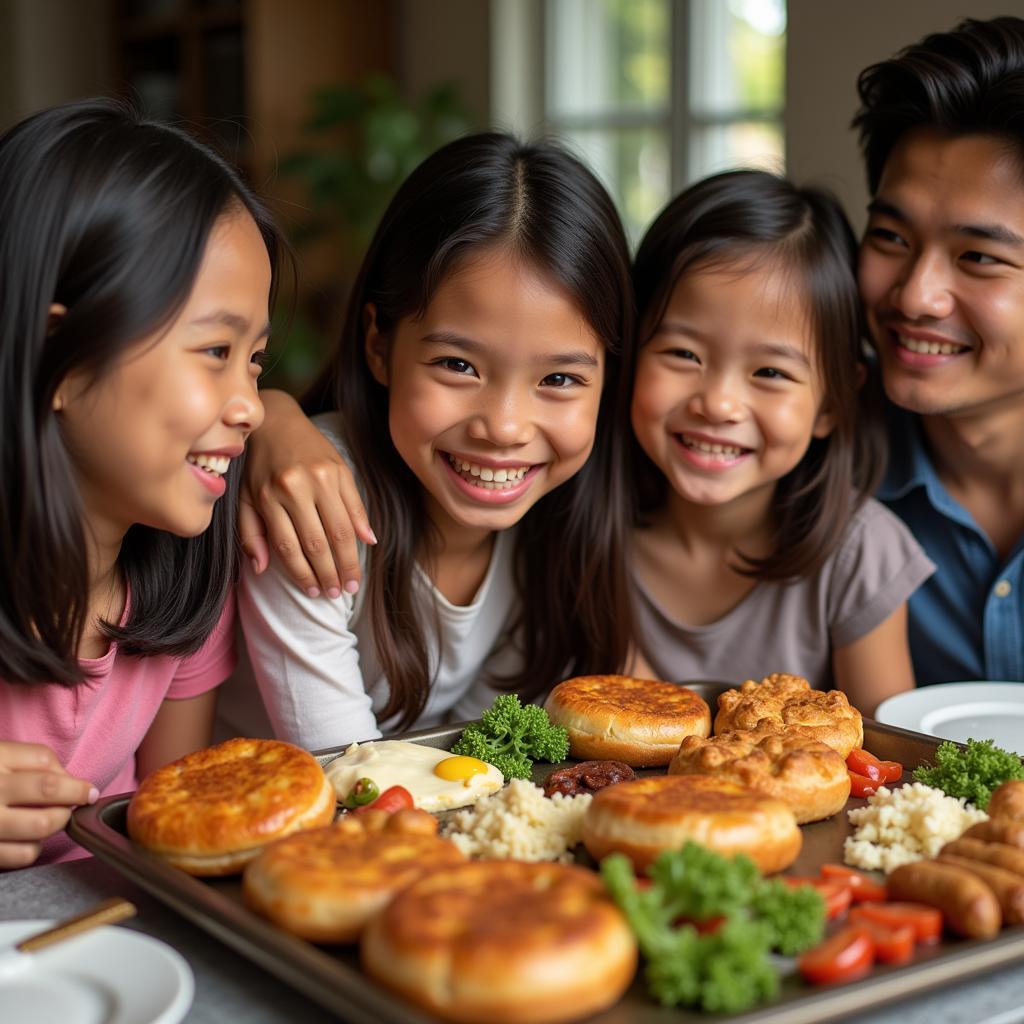 A family enjoying a delicious Filipino food party tray during a casual gathering.