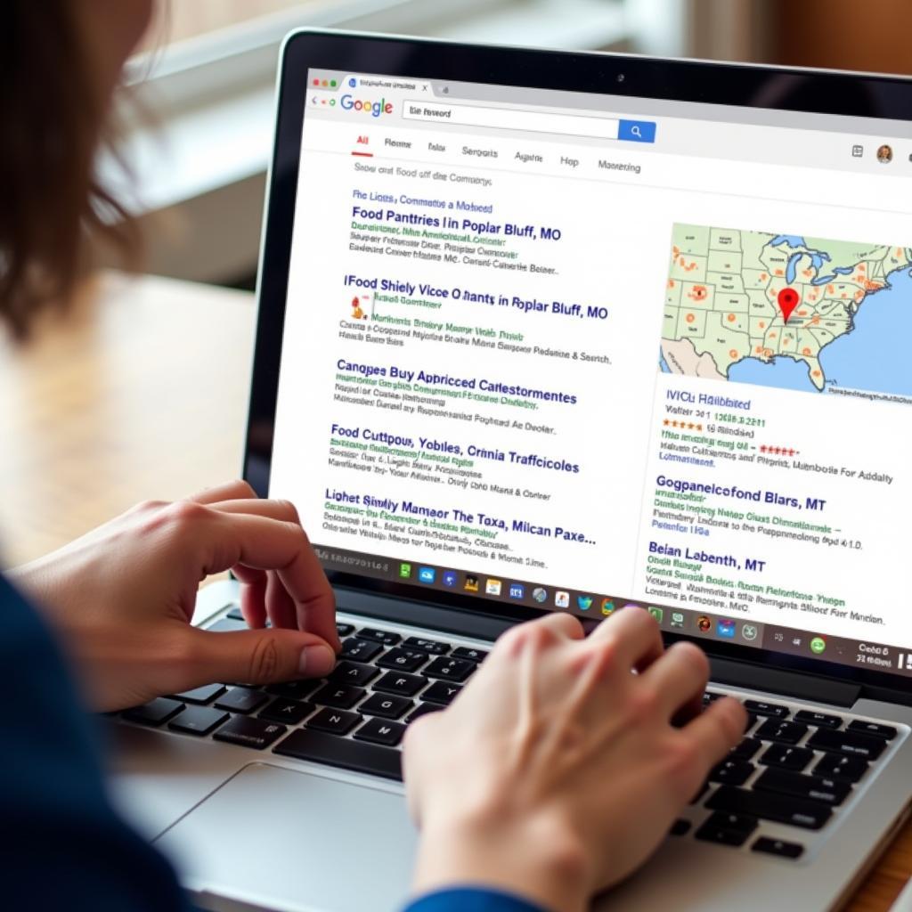 A person using a laptop to search for food assistance programs and pantries in Poplar Bluff, MO.