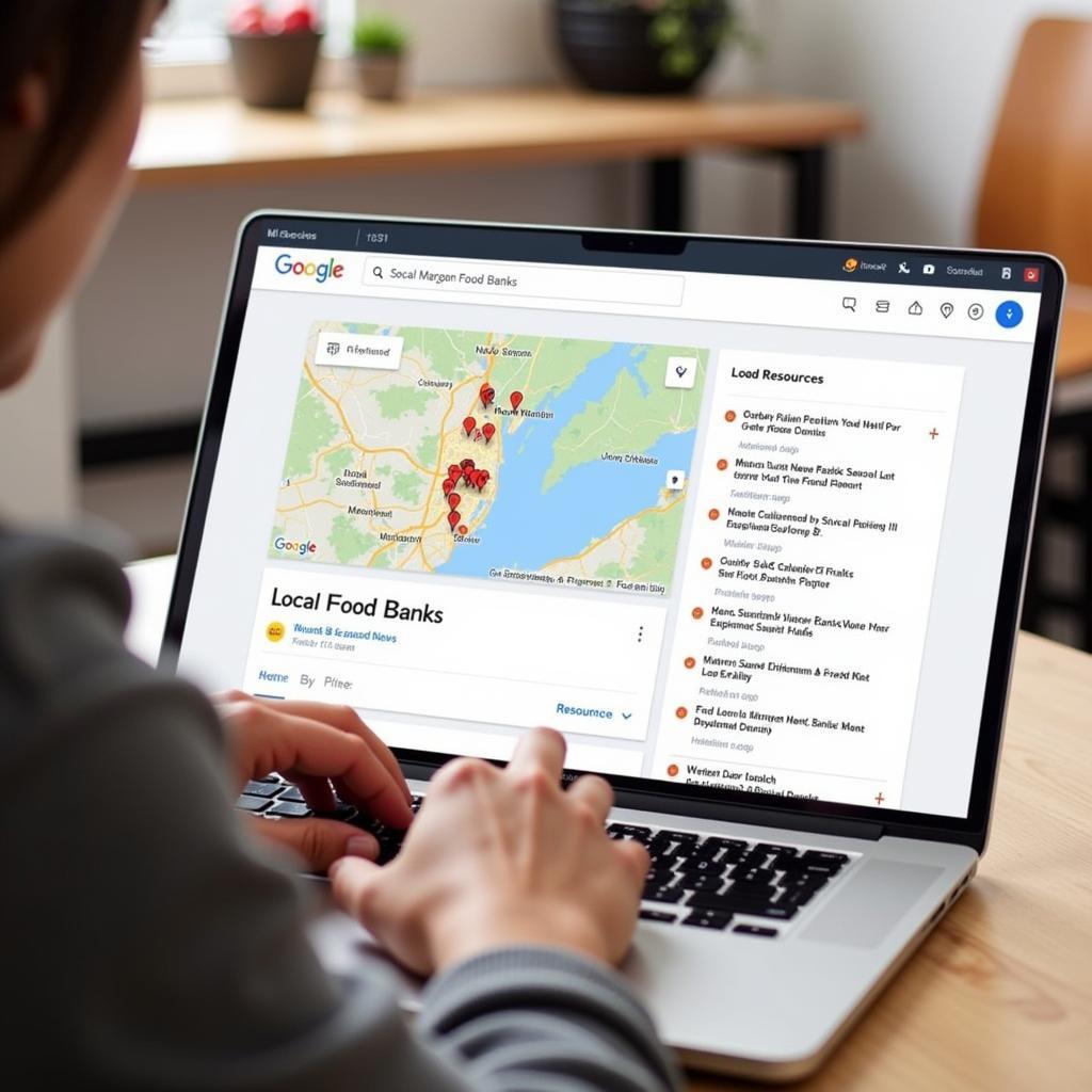 Searching for food banks online using a laptop