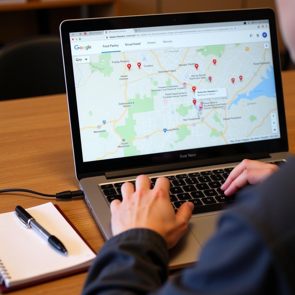 Searching for food pantries in Riverhead, NY using a laptop.