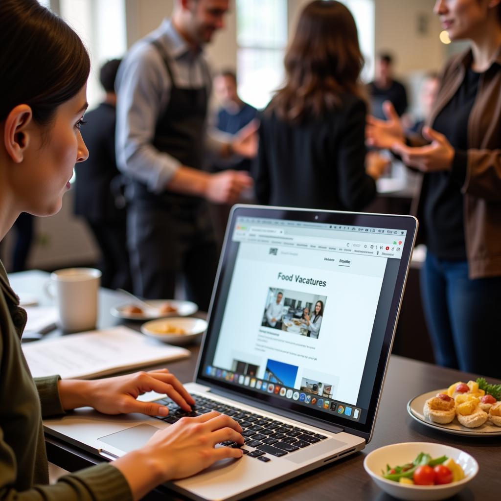 A person searching food vacatures on a laptop and networking with people