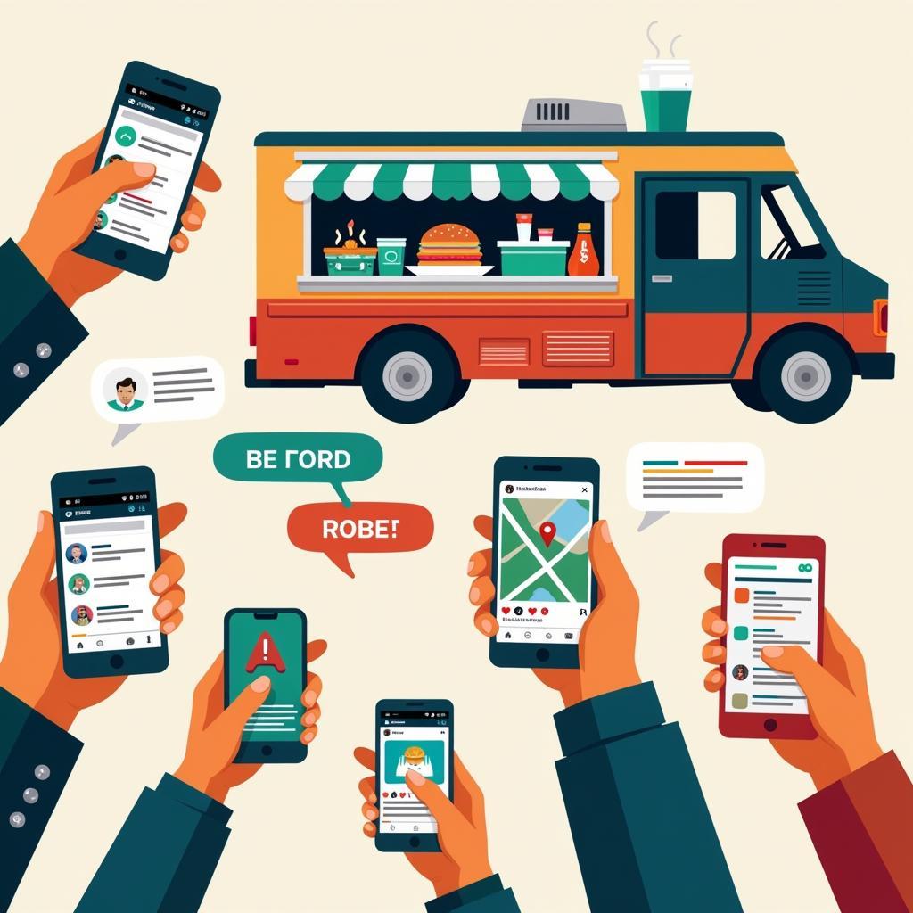 People using their phones to locate food trucks through various apps and social media platforms.