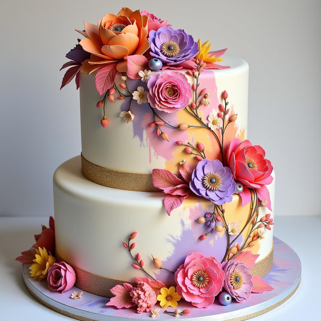 A beautifully decorated cake with intricate designs created using food colour paint.