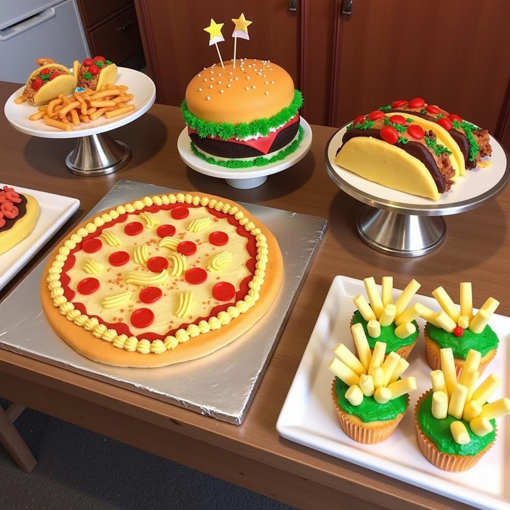 A display of beautifully decorated fast food cakes, ready for a celebration.