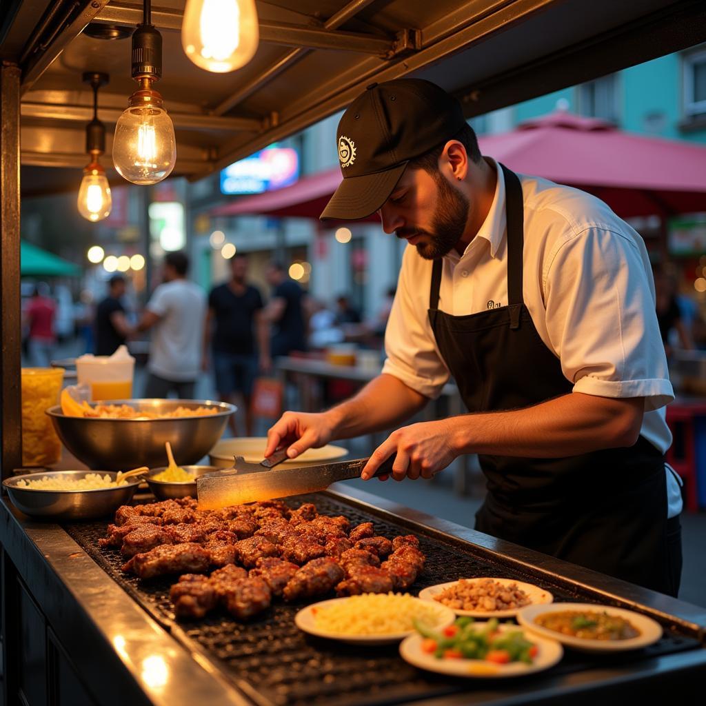 Delicious tacos being prepared in a fired food truck