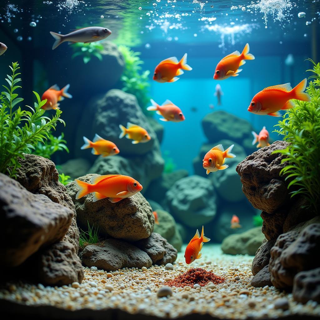 Fish enthusiastically eating food in a well-maintained aquarium