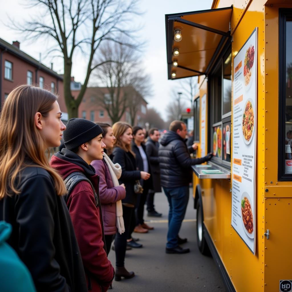 Long line of people waiting at a popular food truck at the Fishhawk rally