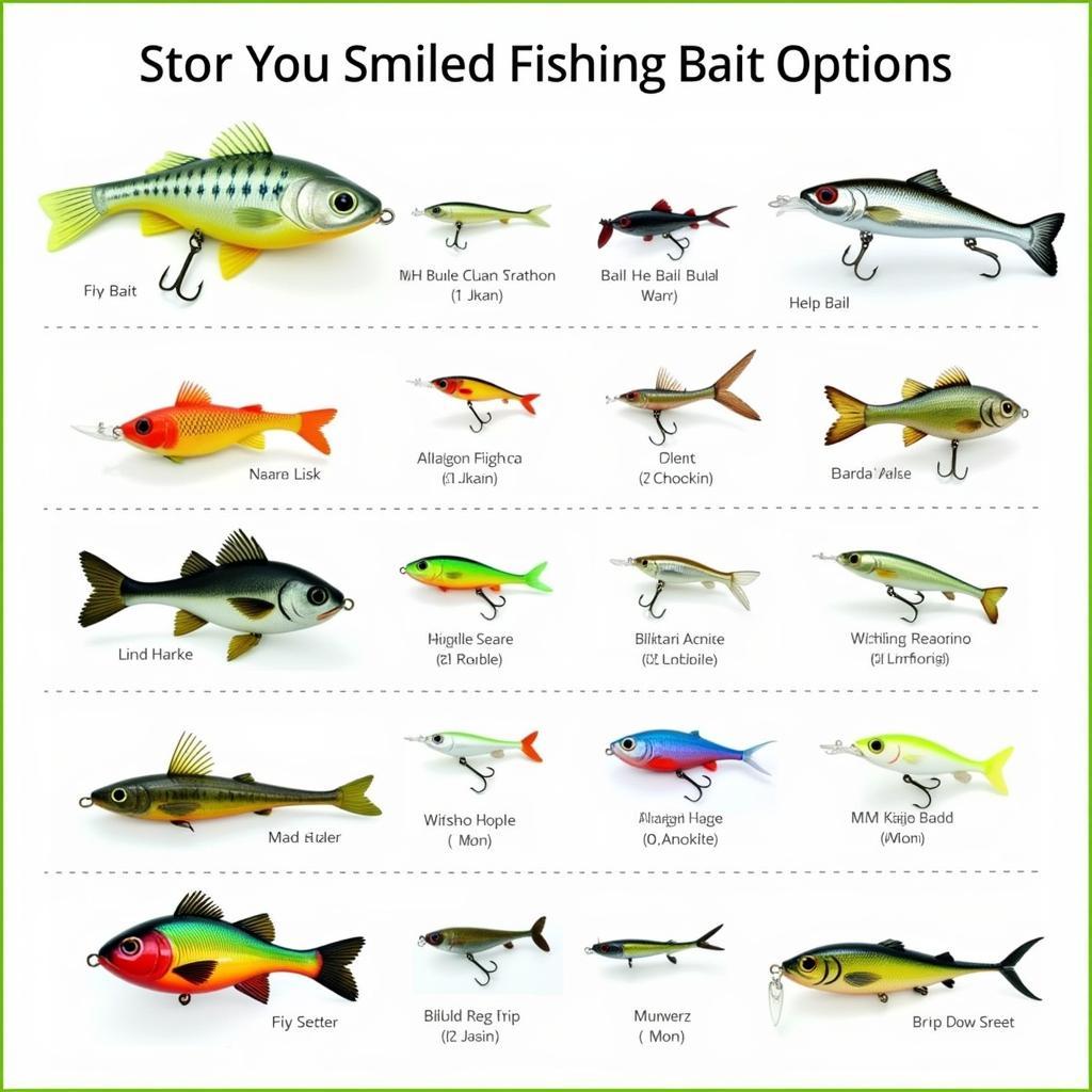 Various types of fishing bait food, including worms, minnows, and artificial lures.