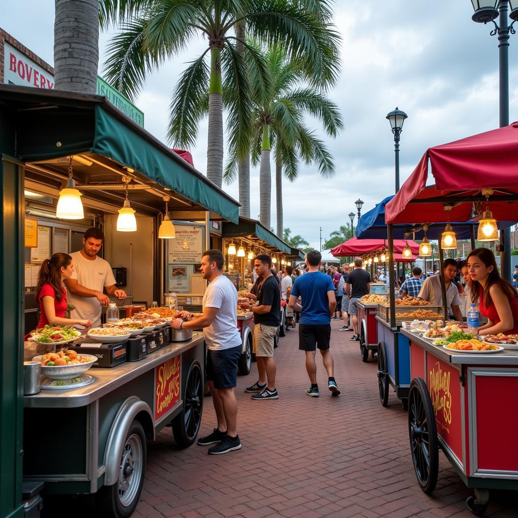 Diverse food cart vendors in a vibrant Florida market