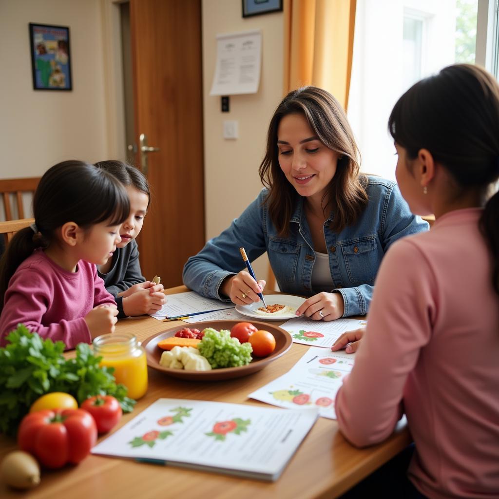 A registered dietitian providing nutritional counseling to a family in a community health clinic.