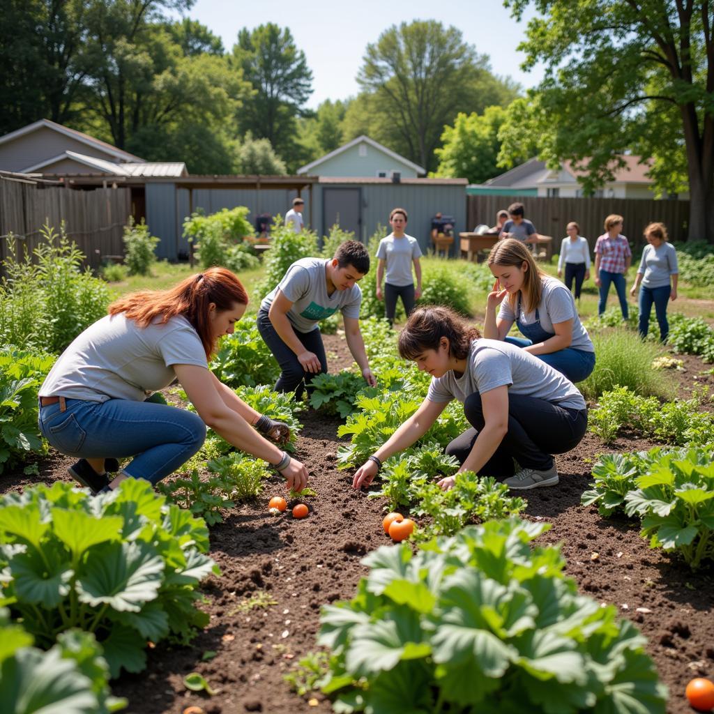 Volunteers working in a community garden, providing fresh produce for local residents