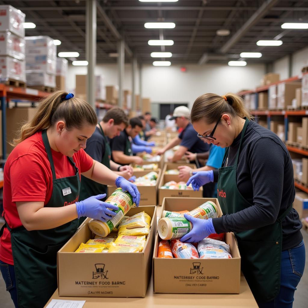 Volunteers sorting and packing food donations at a local food bank.