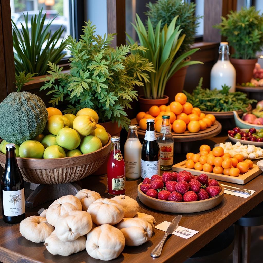 A display of sustainable and locally sourced food and beverages at a modern event.