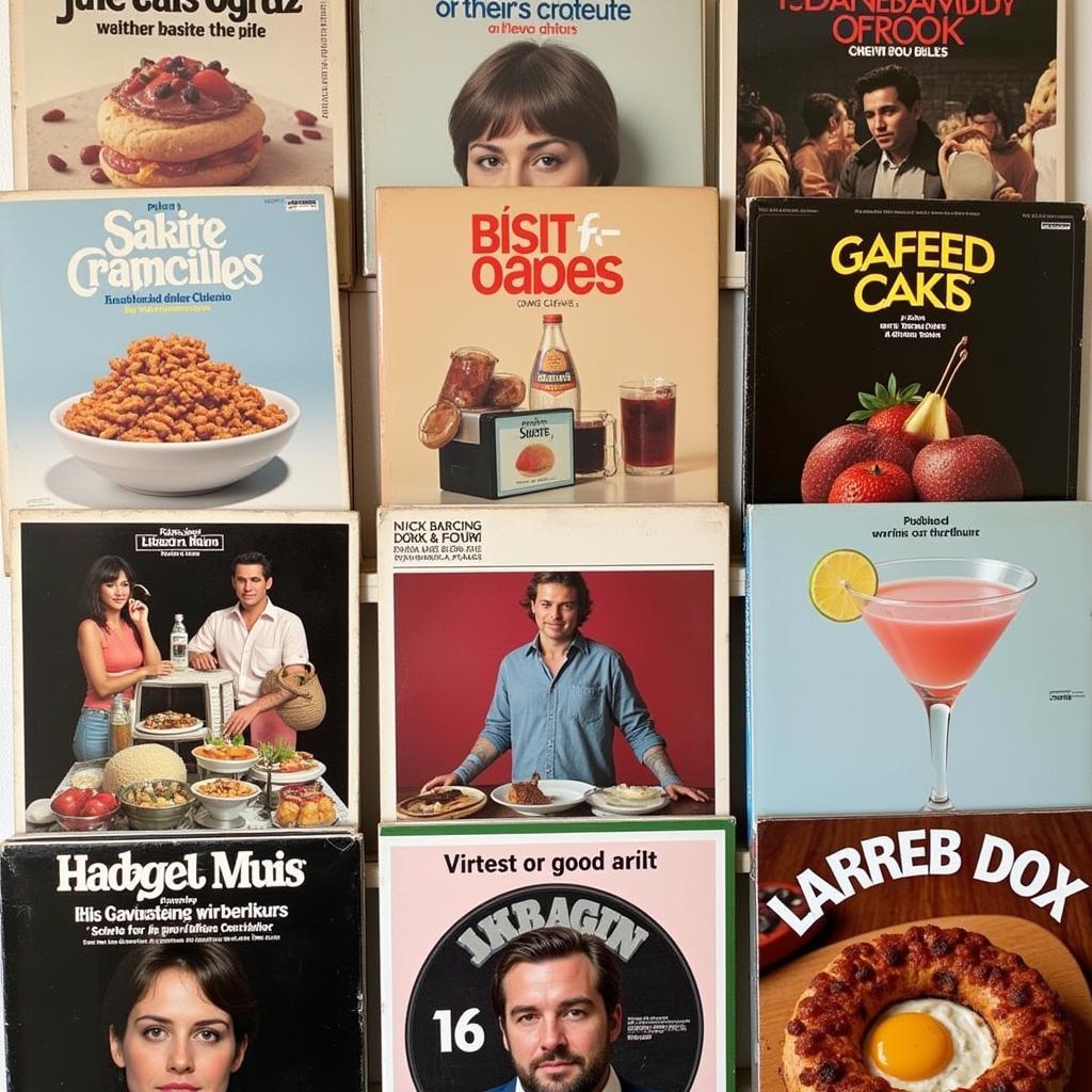 A vibrant collection of food and liquor themed vinyl records displayed on a shelf.