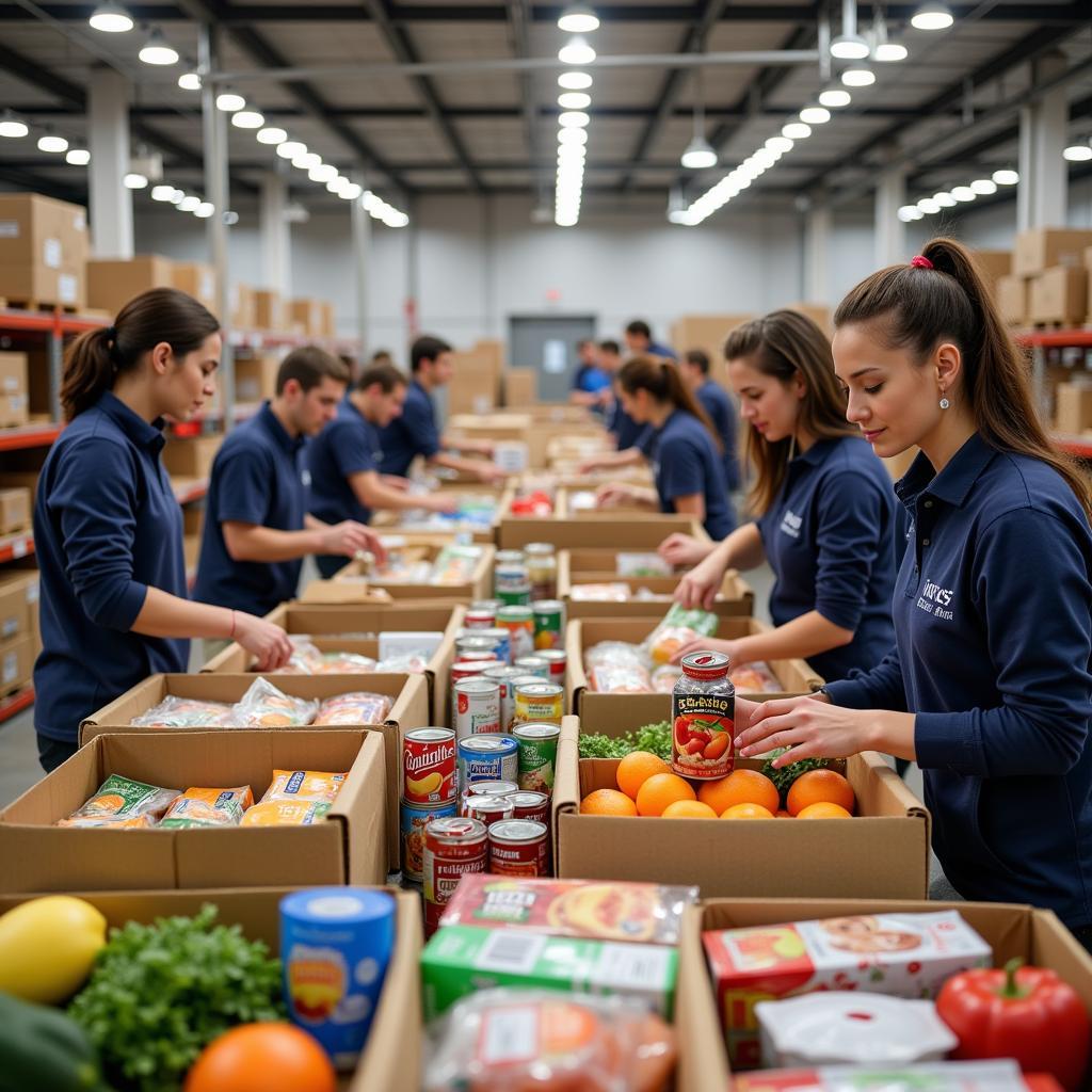 Volunteers sorting and packing food donations at the Union City Food Bank