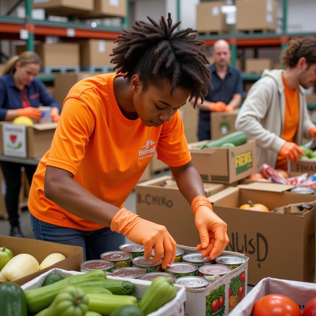 Volunteer sorting food donations at a food bank