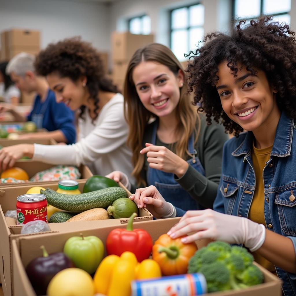 Volunteers packing food boxes at a food bank