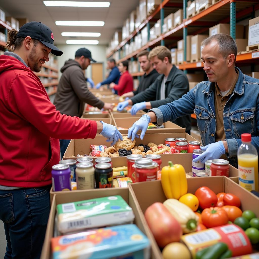 Volunteers sorting donated food items at a food bank