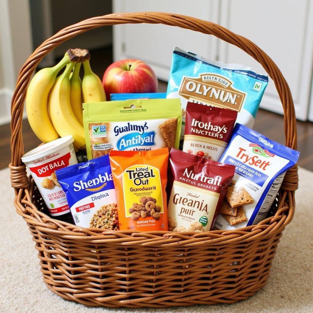 Food basket filled with healthy snacks for new parents, including fruits, granola bars, and yogurt.