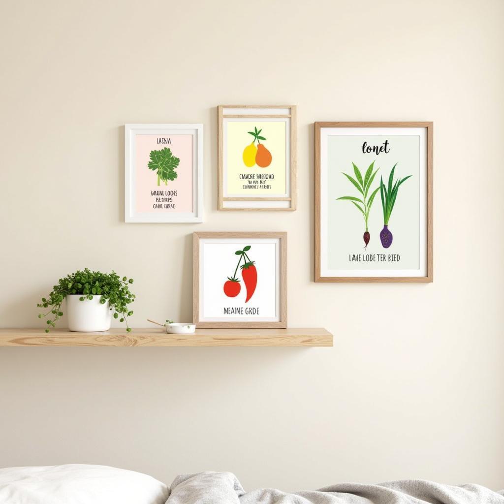 Food-themed wall art adds a playful touch to a bedroom.