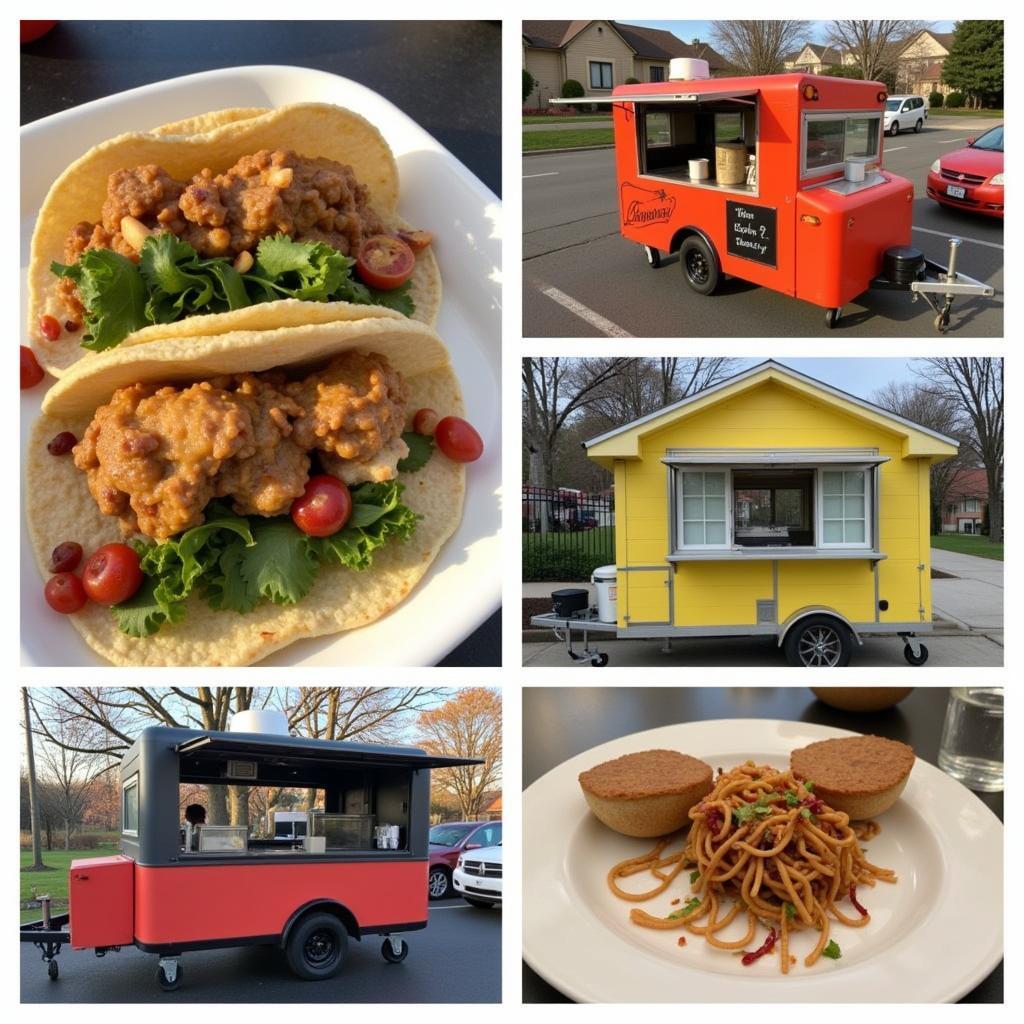 Various cuisines being served from a rolling food cart.