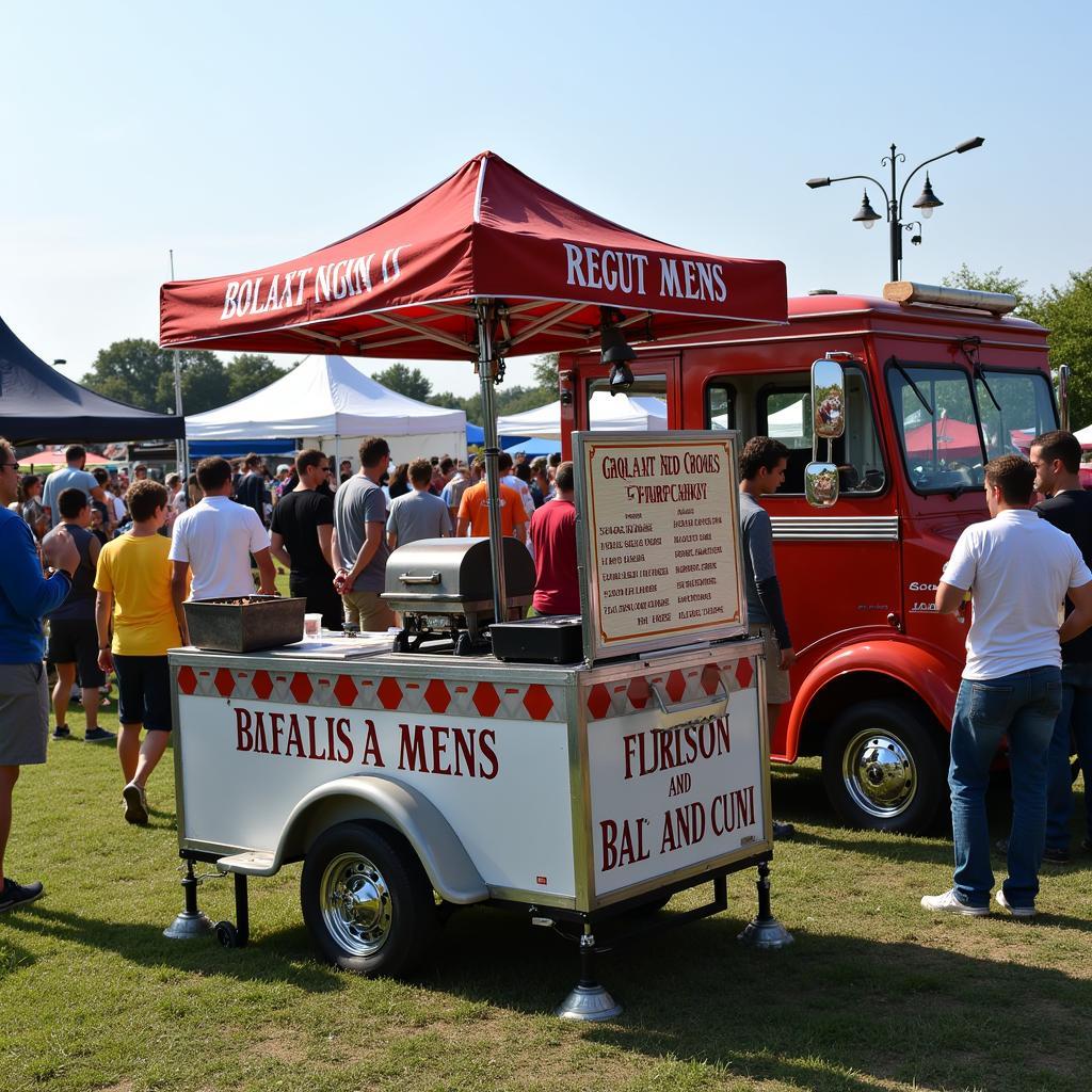 Food cart with grill at a busy food truck festival.