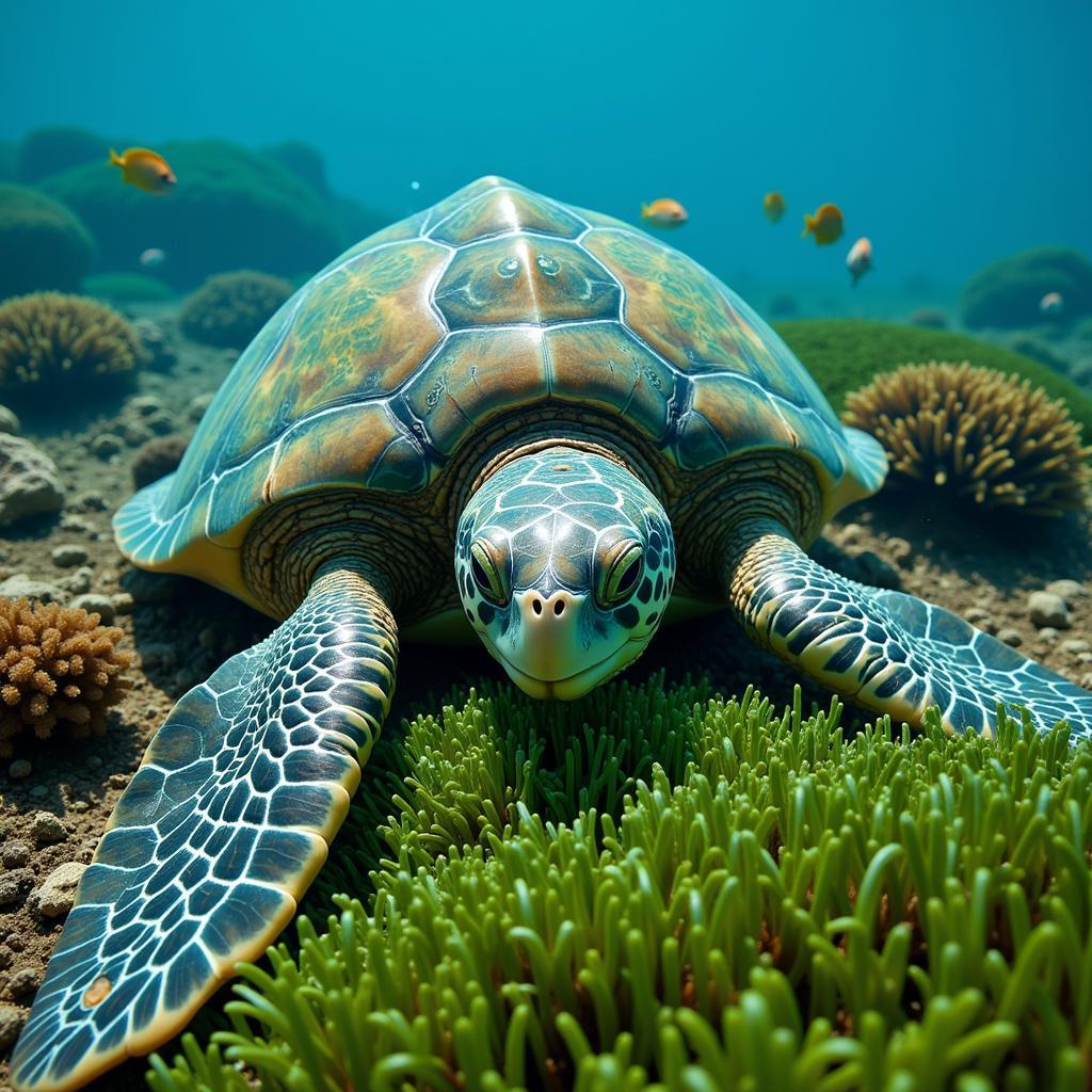 Green Sea Turtle Grazing on Seagrass