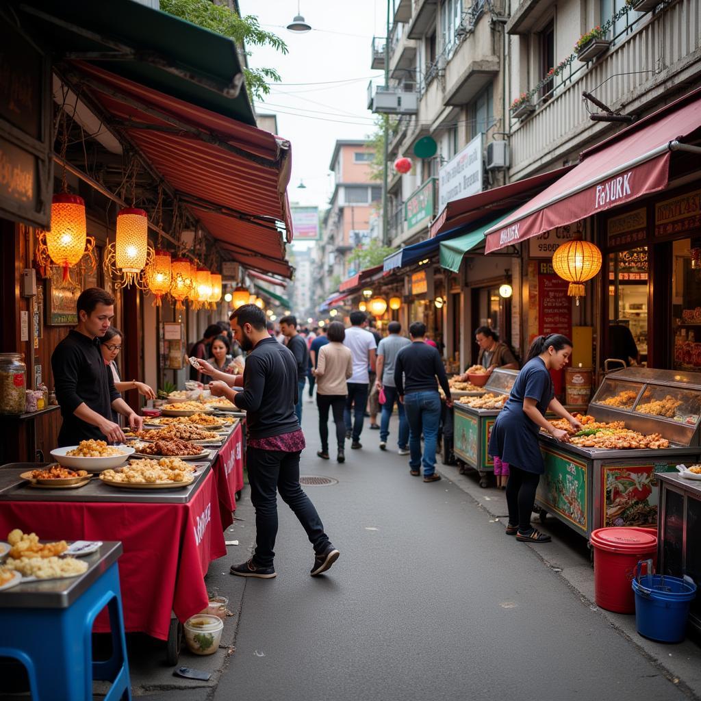 Vibrant street food vendors in Food City 642